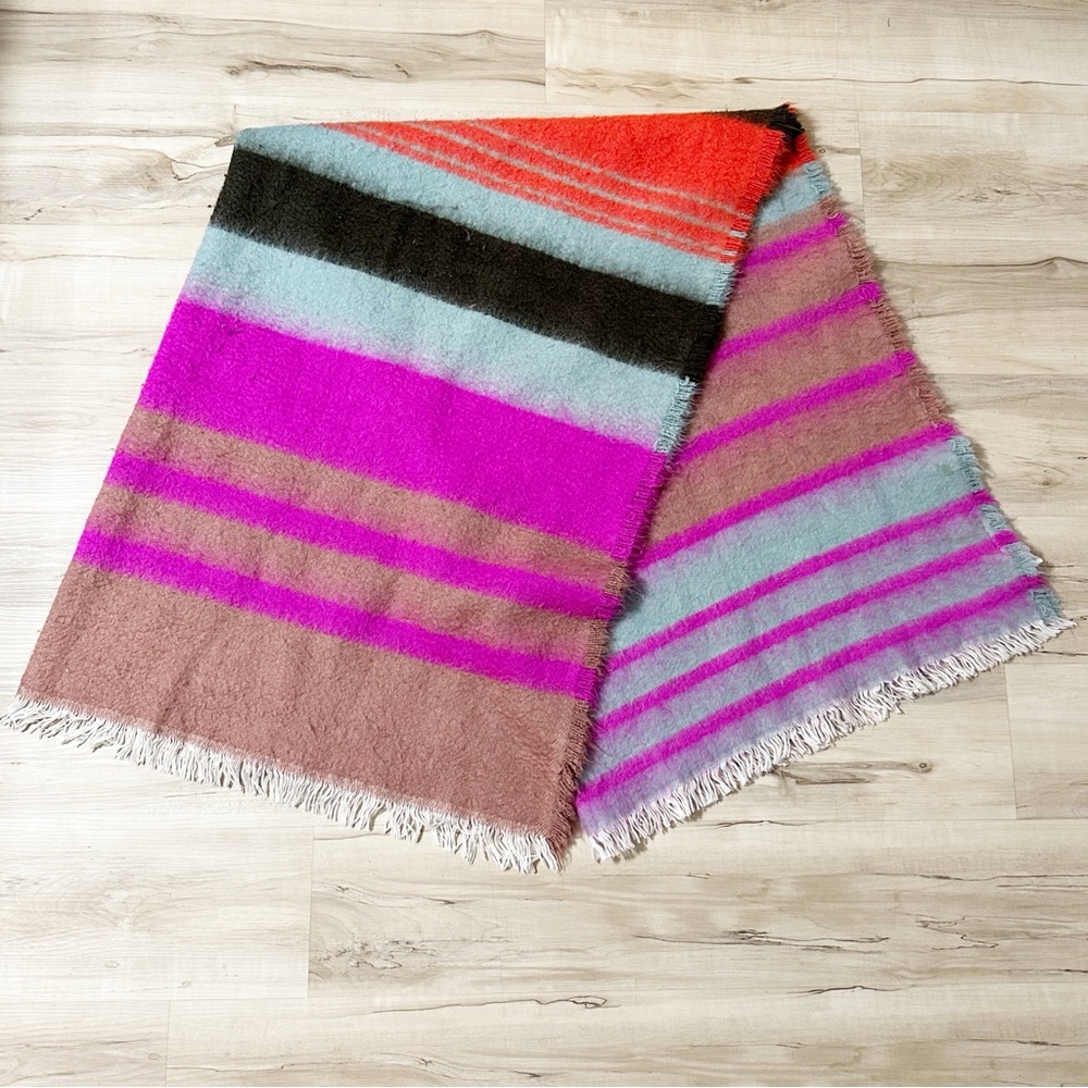Anthropologie Bright Pink Stripe Fringe Throw Blanket 50x70